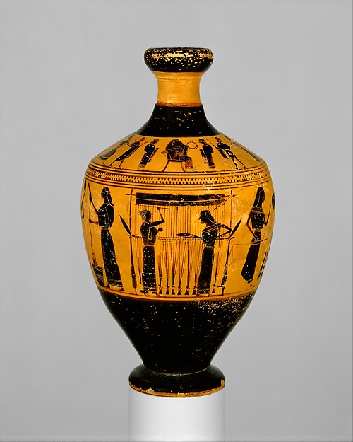 Oil flask with a depiction of two women working a warp-weighted loom. Greece, c. 550 BC. Courtesy Metropolitan Museum of Art, acc. no. 31.11.10.