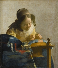 Johannes Vermeer, De Kantwerkster ('The Lacemaker'),  c. 1670. Woman working bobbin lace. The Louvre, Paris.