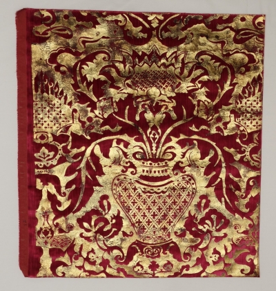 Red silk velvet with a screen printed design based upon Renaissance motifs (France, 2018).