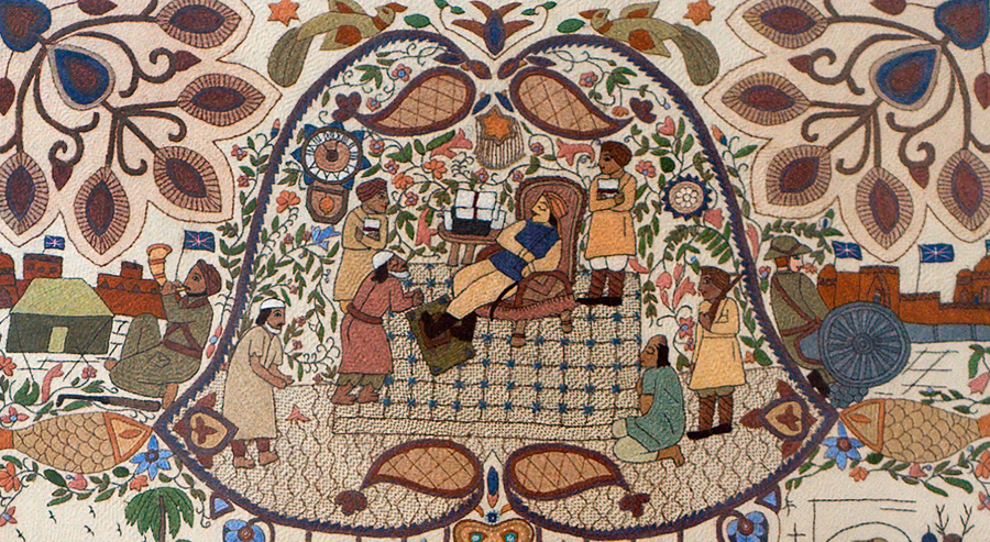 Detail of a kantha designed by Surayia Rahman, 'colonial times'. Detail of a kantha designed by Surayia Rahman, 'Colonial Times'.
