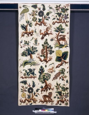 Late 17th century bed hanging decorated with crewel embroidery.