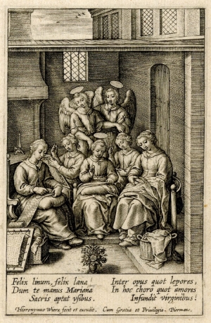 A print depicting the Virgin Mary and friends embroidering (Flemish; early 17th century).