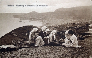Postcard showing women from Madeira engaged in local embroidery.
