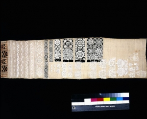 Sample with cutwork and applied needlepoint lace. English, 17th century