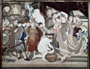 Tomyris, Queen of the Massagetae receiving the head of Cyrus. Embroidered picture, England, mid-17th century.