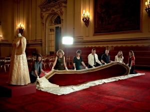 Queen Elizabeth II's Robe of State, being prepared for display at Buckingham Palace, 2010.