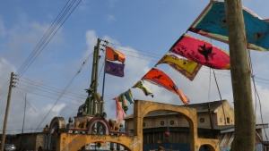 Asafo flags strung from the shrine of Dentsifo No.2 Company Gomoa Dago on the second day of the 2014 Akwambo festival.