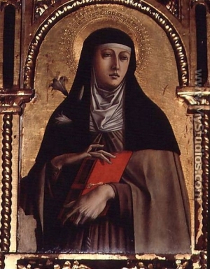 Saint Clare of Assisi, patron saint of needlework and lace making. Detail of a triptych by Carlo Crivelli (1435-1495), Santa Lucia, Montefiori dell'Aso, Italy.