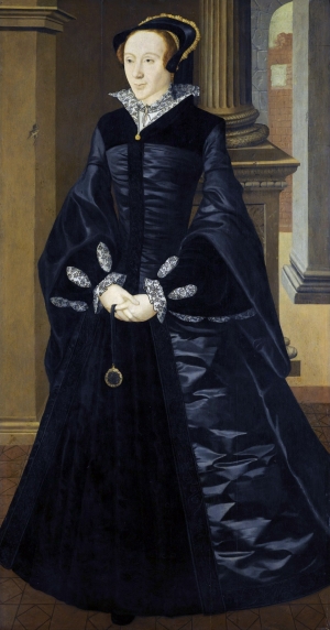 Painting by William Scrots of unknown woman, possibly Margaret Douglas, Countess of Lennox, or perhaps of Mary Queen of Scots. She is wearing, underneath her gown, a chemise with blackwork cuffs and collar.