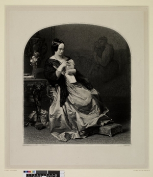 Photograph of a seated woman working a piece of needlework, c. 1850.