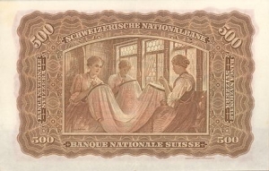 Embroiderers depicted on a 500 franc Swiss banknote of 1911.