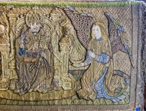 Detail of the Fishmongers' Pall, showing bishop and angel, c. AD 1500, England.