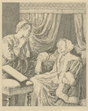 Woman fainting, print of an etching by Pieter de Mare, after a drawing by Frans van Mieris (mid-18th century, Leiden, The Netherlands).