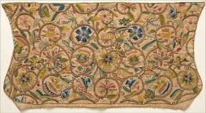 Embroidered linen coif, Britain, early 17th century.