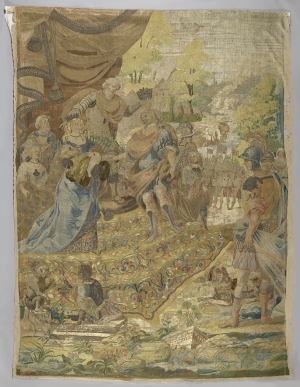 Embroidered wall covering with coronation scene of Louis XIV of France. Late 17th century.
