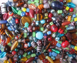 Assortment of glass beads with different finishes.