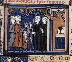 Detail of a medieval French illustration of a boy being received into a monastery. The child&rsquo;s guardian/father (in brown) is wearing a coif