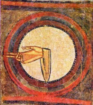 The hand of God. From fresco at Sant Climent de Ta&uuml;ll, Spain.