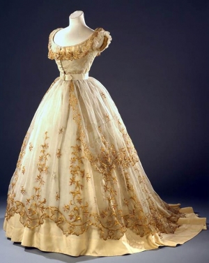 Ball gown with straw embroidery, c. 1865.