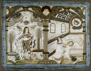 Embroidered picture of Charles I just before his execution, with his son Charles II standing to the left. England, c. 1650-1660.