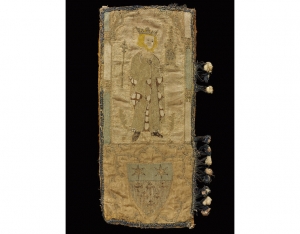 Remains of early 14th century orphrey, made in England and long held in the St Leanord church in Catworth, Cambridgeshire, UK.