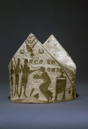 Mitre with representation of the Stoning of St. Stephen and the Murder of Thomas Becket. England, c. AD 1200.