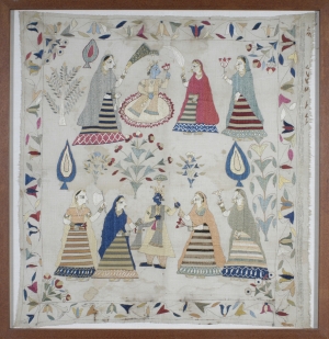 Chamba rumal with a representation of Krishna and the gopis. India, c. AD 1800.