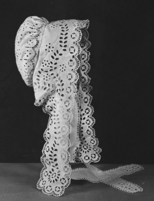 Bonnet with whitework and broderie anglaise, c. 1860's, England.