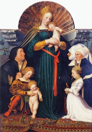 Hans Holbein the Younger: The Darmstadt Madonna, c. 1525/1526. Also known as the 'Madonna des B&uuml;rgermeisters Jacob Meyer zum Hasen' or 'Schutzmantelmadonna'.