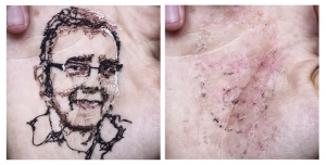 Embroidery on the palm of his hand, by David Cata.