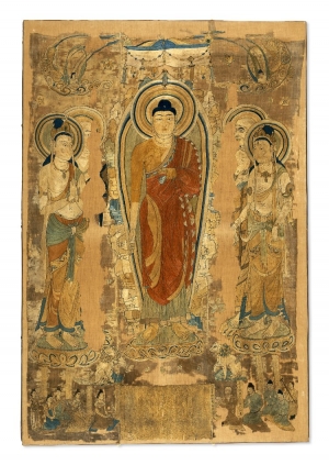 Sakyamuni preaching on the Vulture Peak. Embroidery, Dunhuang, Gansu Province, China, 8th century.