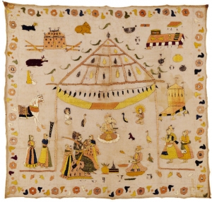 Chamba rumal from Himachal Pradesh, India, 19th century, with a palace scene and Ganesha in the background.