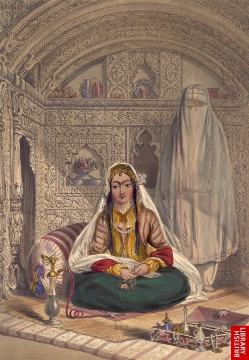 "Ladies of Caubul”. Coloured lithograph after James Rattray. Plate XXIV in Rattray 1847/1847.  The lady in front is wearing indoor, Iranian style clothing, while the woman at the back is wearing a chador with a separate ruband.