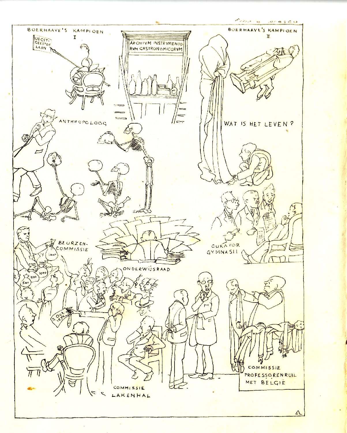 Fig. 10. Drawing made by Professor Johan Huizinga for his friend, Tom Barge, at that time the Chancellor of Leiden University, on the occasion of the Dies Natalis dinner on 8 February 1938. It illustrates the various roles and functions of Prof. Barge, including his campaign to replace Boerhaave's statue and to rename the Oegstgeesterlaan to Boerhaavelaan. Photograph courtesy Barge/Nauta family archive.
