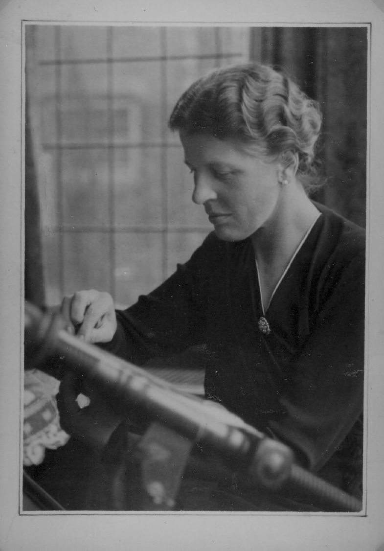 Fig. 4. Thérèse Barge-Dreesmann in c. 1939, working on an embroidery frame still kept in the house and recently cleaned and waxed. She was the aunt of Cécile Dreesmann (1920-1994), a textile artist who published widely on the subject of embroidery.