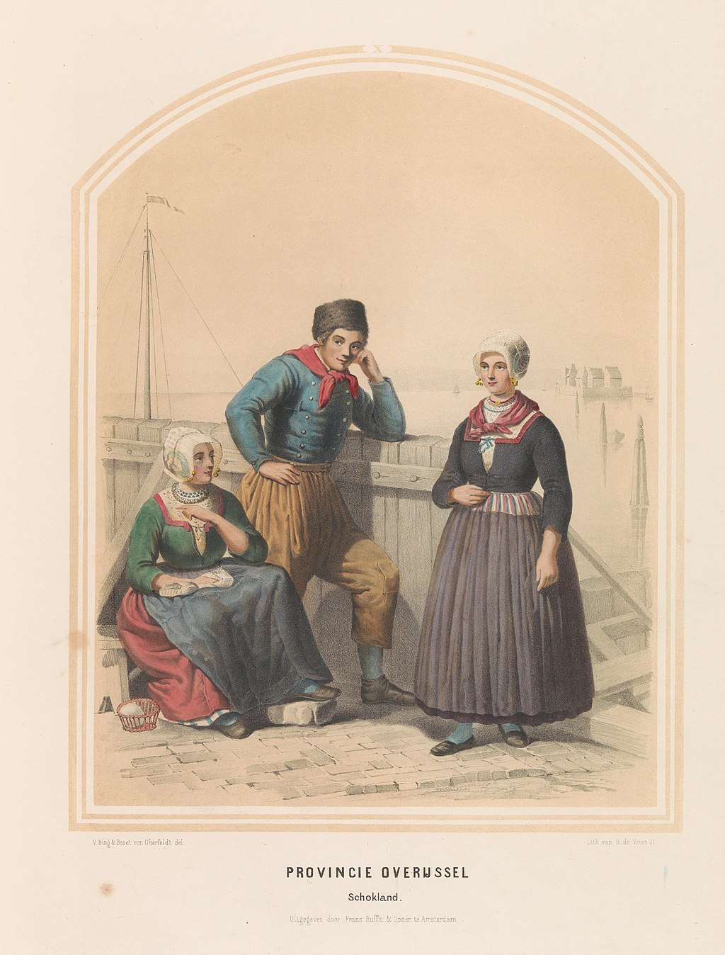 Regional dress of Schokland. Engraving published in 1857. Public domain.