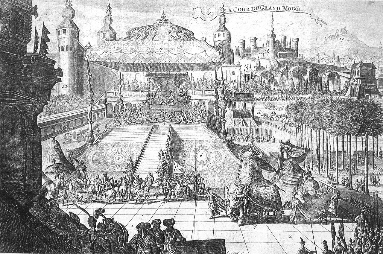 Illustration from the Voyages .... by  François Bernier, edition 1710. 'La court du Grand Mogol.'