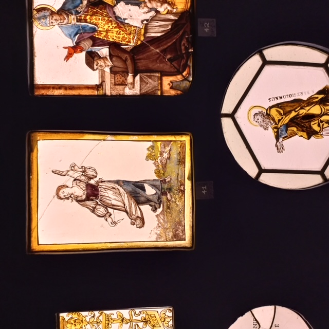 Stained glass, late 16th / early 17th century, with a woman spinning flax. Vauluisant Museum, Troyes. Photograph by author.
