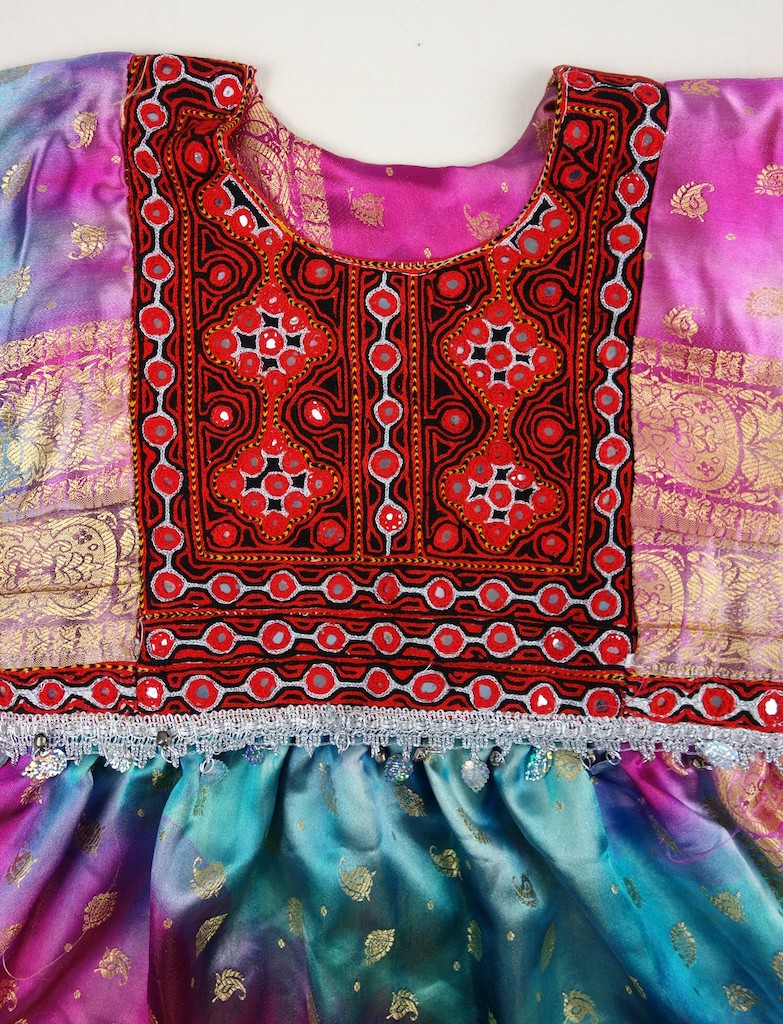 Detail of an embroidered girl's dress, Kabul, Afghanistan, early 21st century (TRC 2008.0044b).