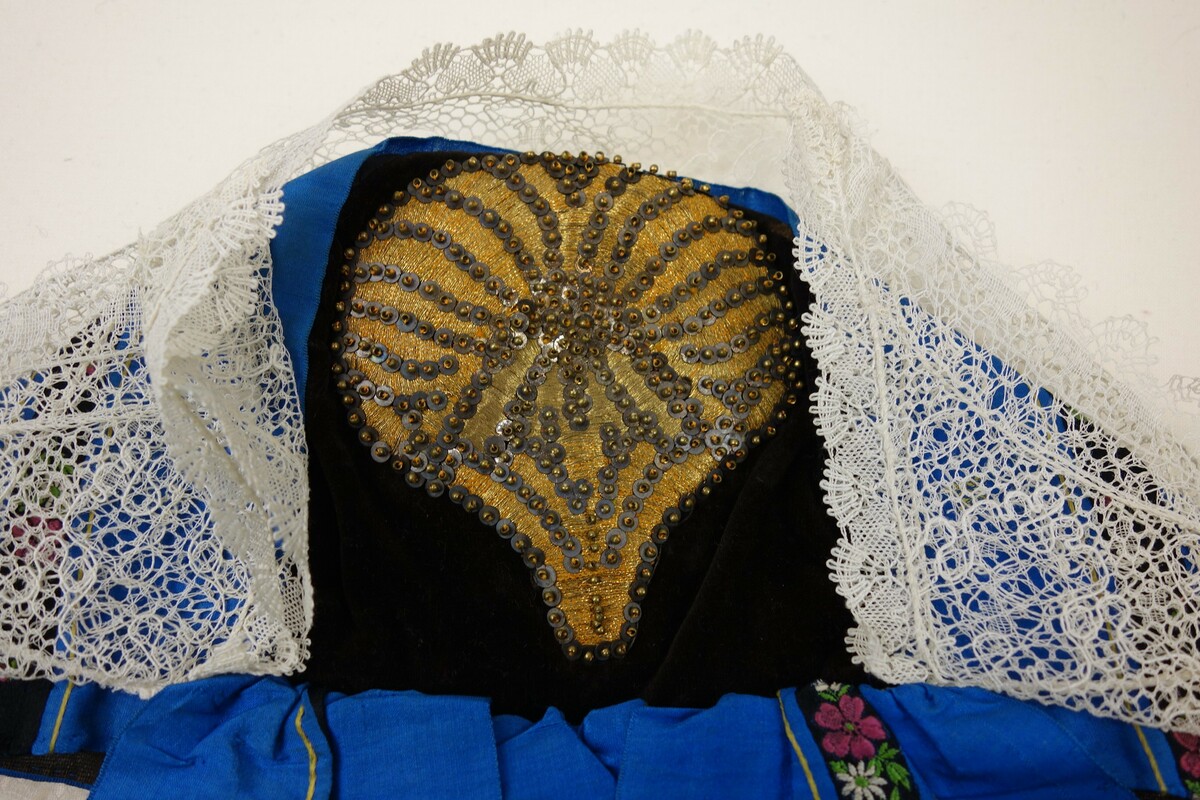 Embroidered crown of a woman's cap from Denmark, c. 1860 (TRC 2012.0465). For more information, click on the illustration.