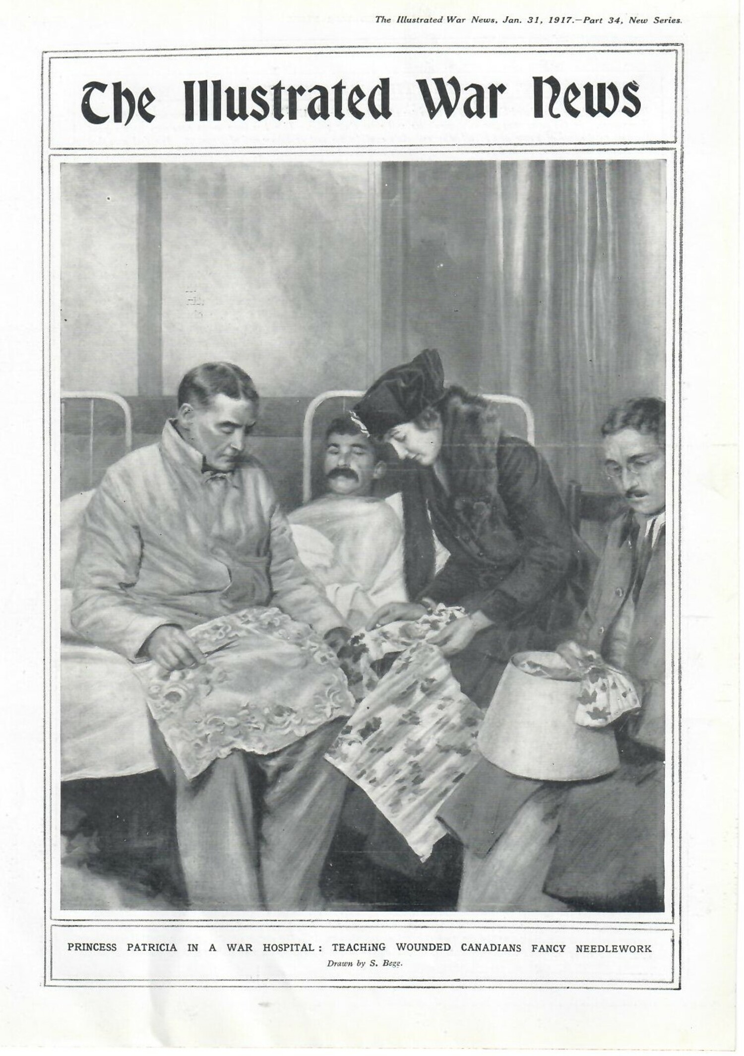 Image published in the (British) British Illustrated War News (1917), of Princess Patricia (1886-1974) teaching embroidery to wounded Canadian soldiers (TRC 2019.2381).