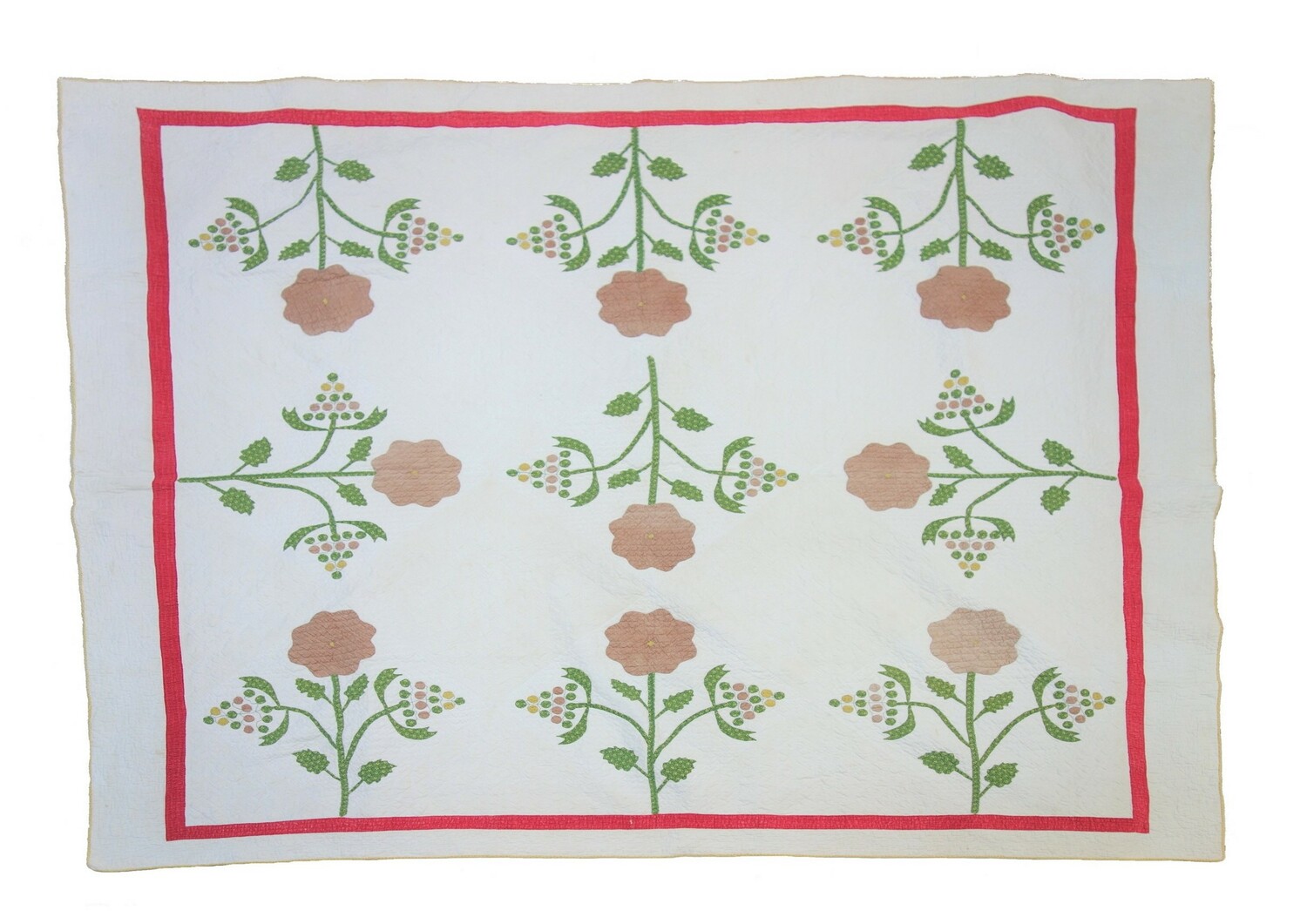 Quilt with an appliqué version of a  ‘Flower and Berries’ design (1850’s – 1860’s; USA). TRC 2019.2402.