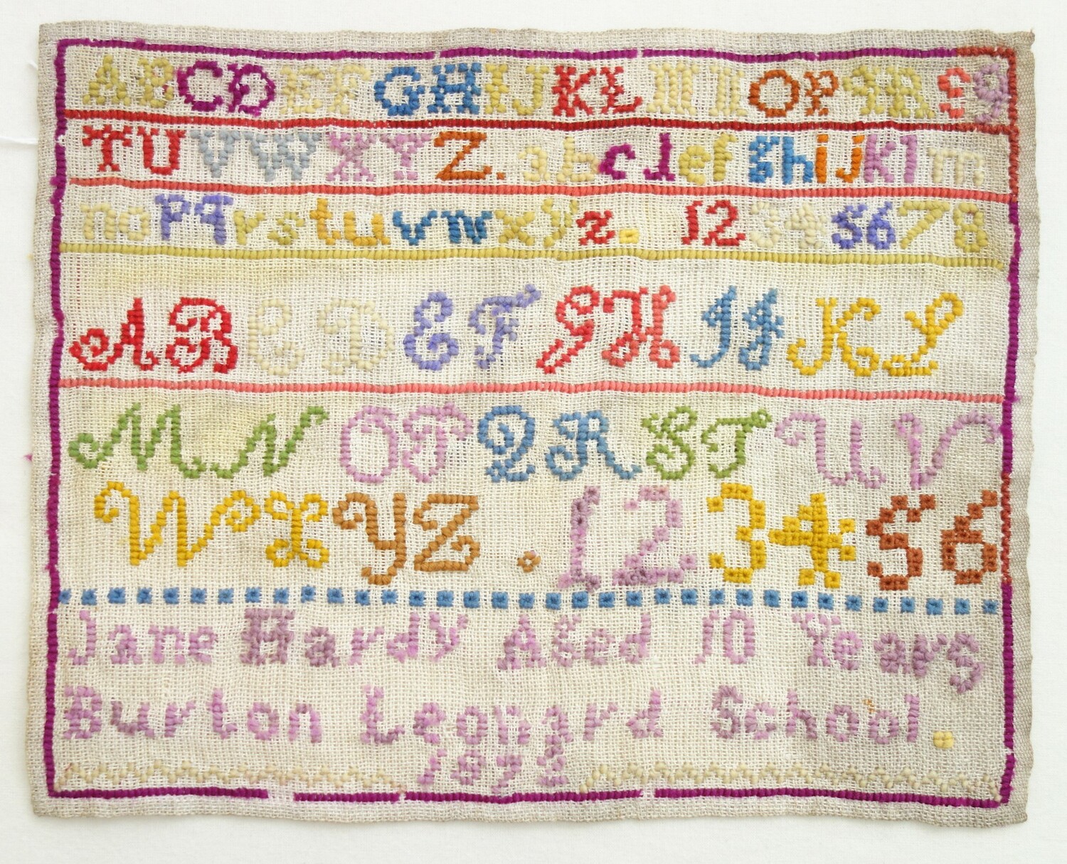 Jane Hardy’s sampler made at the Burton Leonard School, North Yorkshire (1872; TRC 2020.1606).