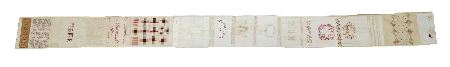 Dutch 'pronkstuk' needlework sampler (592 x 26 cm), made by Anna Berendina Bennink in 1905-1906 (TRC 2020.3535a).