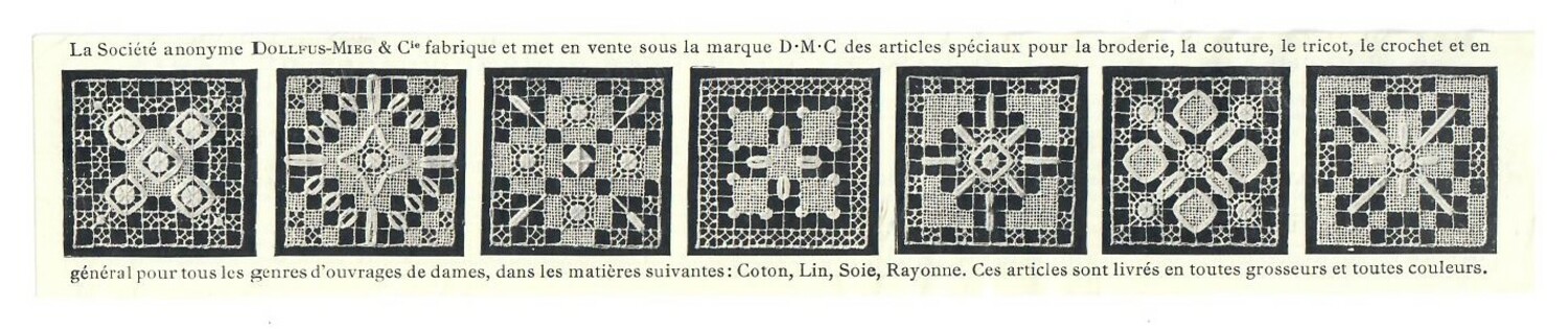 Sheet for darned netting, with seven different patterns, DMC, France, 1930's (TRC 2020.3568).