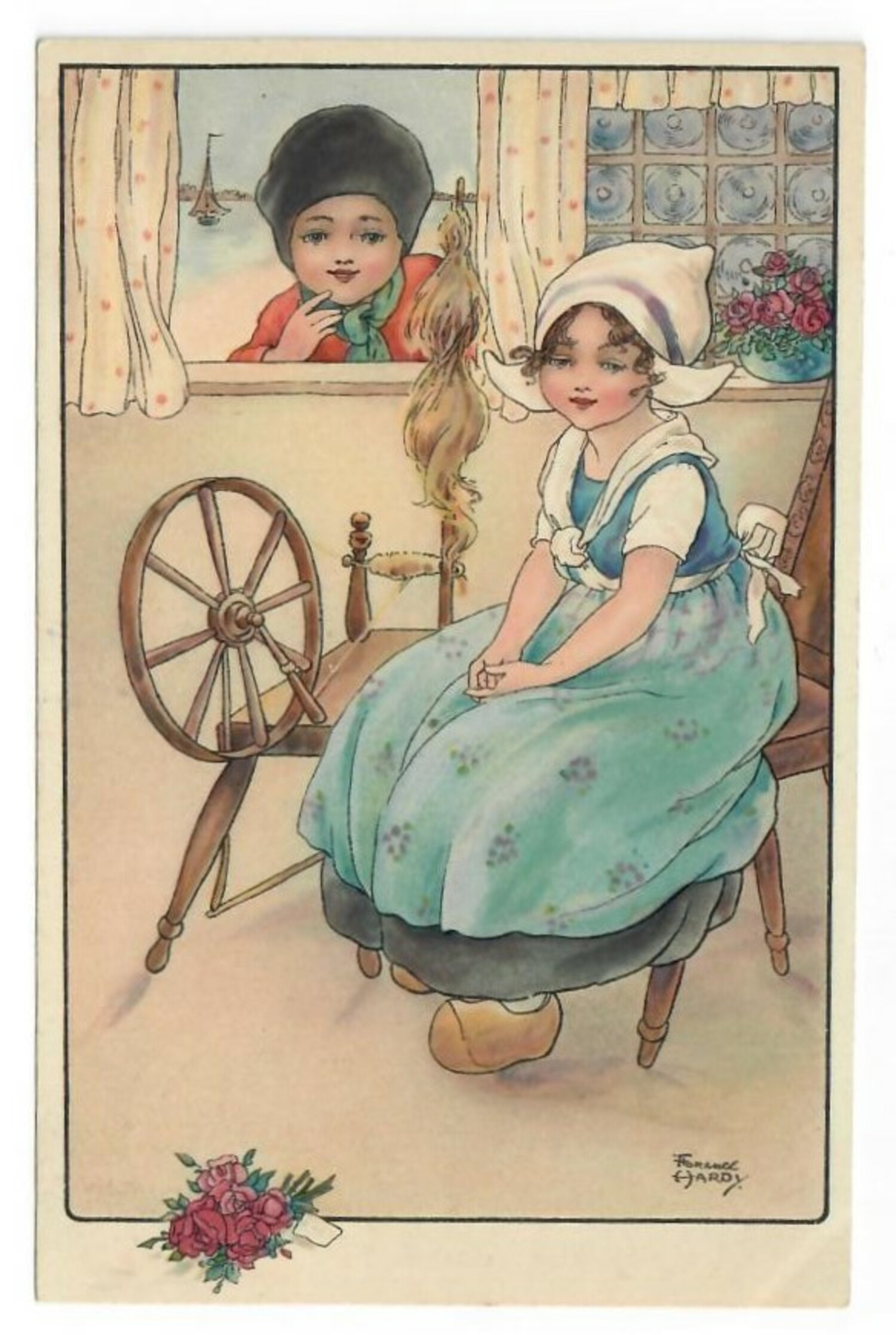 Postcard from Belgium, franked on 13th August 1914, depicting a boy and girl in Volendam (NL) style cloth. The girl is sitting next to a spindle wheel with distaff. The image was painted by Florence Hardy (TRC 2020.4250).