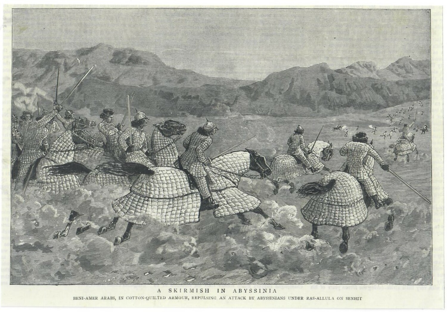 Quilting is not limited to bedspreads. Print published in the UK in 1885, showing quilted armour for men and horses, from Abyssinia (Ethiopia) (TRC 2021.0284).