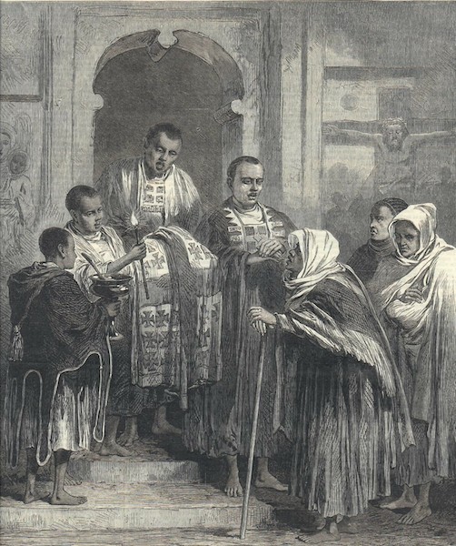 Print in The Illustrated London News, 15 August 1868, with two priests and two assistants, all dressed in different liturgical vestments. Acquired for the TRC collection in early 2021, and to be used for the third volume of the Bloomsbury World Encyclopedia of Embroidery, edited by the TRC (TRC 2021.0623).