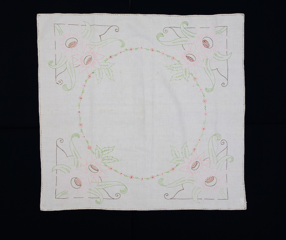 Afternoon table cloth embroidered at Scapa Flow, Orkney Islands, Scotland, early 1940s (TRC 2021.1334).