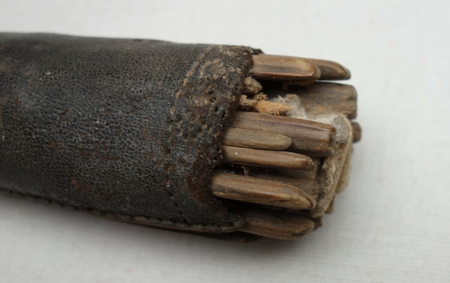 Holding section of leather knitting sheath, with reeds to keep the needles in place, Drenthe, the Netherlands, late 19th century (TRC 2023.2353).